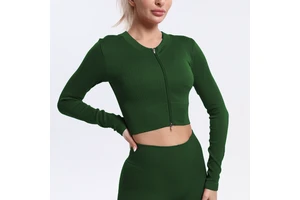 High Quality Ribbed Double Zipper Long Sleeves Gym Fitness Yoga Sportswear Women Skin-friendly Moisture-wicking Sexy Crop Top