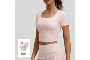 Women's Wide Round Neck Butterfly Back Fixed Padding Slim Cropped Short Sleeve High Elastic Yoga Fitness Sports Top