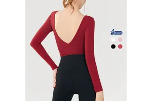 High Quality Women's Fall Winter Breathable Yoga Top Long Sleeve Slim Fit Cross Beauty Back V Neck Fixed Cup Sports Fitness Top