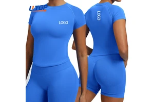 Custom Logo Seamless Solid Color Women Yoga Shirt Lady Tight Round Neck Quick Dry Fitness Short Sleeve Female Sport Clothes