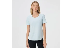 Womens YogaWorkout Short Sleeve Top High Stretch NylonSpandex Lightweight Sweat Wicking BreathableTee with Side SlitsCurved Hem