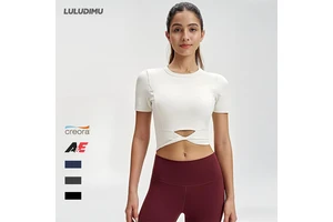 Women's Slim Fit Lulu Yoga T-Shirt Short Sleeve Breathable Lightweight High-Stretch Crop Top Front Twist Hem Workout Fitness