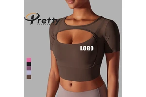 New Style Woman's Yoga Gym Top Mesh Double-layer Shirt Custom LOGO Breathable Quick-dry Woman's Fitness Workout Sportswear.