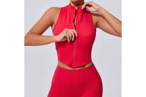 Women's High Neck Fitness Sleeveless Tank Top Outdoor Compression Stretchy Front Zipper Elastic Gym Yoga Tank Top Vest