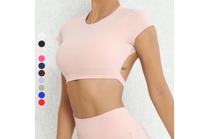 European American Style Plus Size New Quick-Dry Four-Way Stretch Fitness T-Shirt Breathable Backless Yoga Top Front Chest Pad