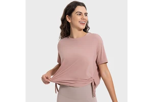 Womens YogaWorkout Short Sleeve Top FourWayStretch NylonSpandex Sweat Wicking Breathable Loose FitTee with Adjustable Waist Ties
