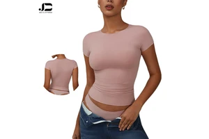 New Naked Feel Quick-Dry Soft Short Sleeve T-Shirt Women's Crew Neck High Elastic Sports Tops Gym Fitness Sexy Yoga Dance Tops