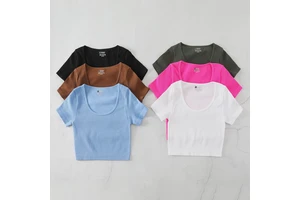 Summer Nylon Sports Top Cross-Border Popular Low Neck Short-Sleeved Yoga Top High-Elastic Quick-Drying Anti-Pilling Nude Knitted