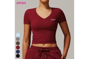 Janya Women's Double Layer V Neck Gym Fitness Top Quick Dry Breathable Slim Fit Running Yoga Shirt with Short Sleeves