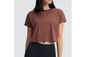 Gym Yoga Short Sleeve T Shirts Solid Color Crop Top Workout Round Neck Blouse for Women
