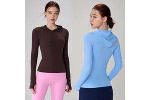 Active Four-Way Stretch Women's Sports Long Sleeve Top Hooded Thumb Hole Front Compression Yoga Top Sweat-Wicking Breathable