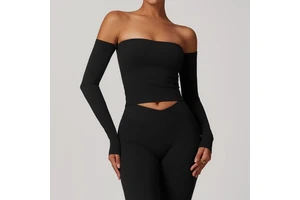 Customized Stretchy Women's Athletic Fitness Slim Fit Open Back Long Sleeve Crop Top Off Shoulder Gym Yoga Workout Tube Tops