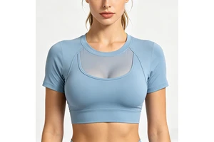 Women's Lightweight Mesh Cutout Yoga Crop Top Short Sleeve Workout T-Shirt Built-in Bra Quick Dry Breathable Four-Way Stretch