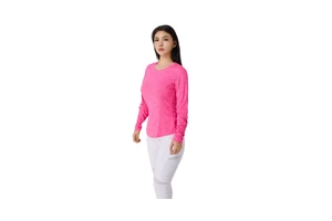 Women's Breathable Long Sleeve Yoga Sports Top with Front Logo Elegant Pink Printed Round Collar Yoga Wear