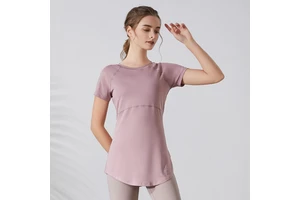 New Women Breathable Mesh Back Hollow Loose Hip Length Yoga Top Quick Dry Short Sleeve Running Fitness Sports T-shirt