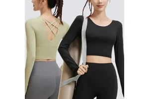 Yimo Women Beauty Back Long Sleeve With Pad Yoga Top Lady Fashion Cross Back Sport Top Female Sexy Quick Dry Gym Workout Clothes
