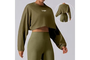 YIYI 2025 Fall New Women's Outdoor Workout Athletic Crop Tops Loose Fit Casual Breathable Gym Yoga Running Long Sleeve Shirts