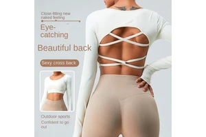 Women's New Long Sleeve Seamless Yoga Top Sexy Backless Cross Beauty Back Quick-Drying Sports Fitness Sport Bra for Outdoor