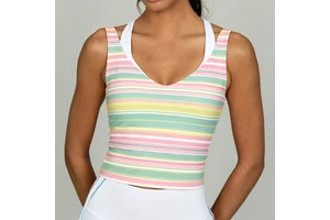 Double Layer Workout Outfit Women Yoga Tank Top Stripes Printed Sheer Layer Gym Activewear Contrasting Colors Leisurewear