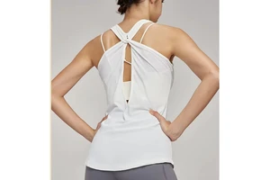 Women's Convertible Strap Notched Neck Solid Asymmetric Active Stretch Elastic Waist Full Sleeve Sports Shirt Yoga Tank Top