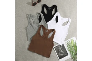 Round-neck Ribbed Knit with Solid Color Trim on the Back Sleeveless Workout Running Yoga Basic tank Top Women's Top