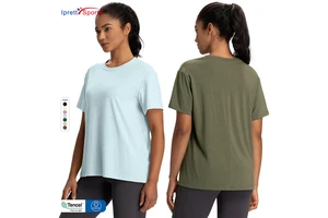 Women's Lyocell Short Sleeve Round Neck Loosen Wool Crop Top Casual Training Soft Workout Sportswear T-shirt for Yoga Fitness
