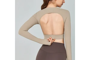 Women's New Large Backless Long-Sleeved Yoga Tops Teardrop-Shaped Semi-Fixed Cups Fitness Tight Sports Shirt Seamless Design