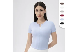Womens Fitted Short Sleeve T-shirts with Half Zip Closure Sports Wearing Yoga Tops with Breast Pad Custom Logo Stretch Shirts