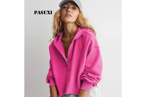 PASUXI Wholesale Loose Deep V Neck Cropped Hoodies Women Long Sleeve Casual Workout T-shirts Pullover Hooded Sweatshirt Tops