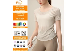 Aoyema Gym Women Top Short-sleeved Women's Flying Waist Slim-fit Breathable 100% Polyester Pilates Fitness Summer Sportswear