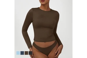Trim Fit High-Elastic Round Neck Lady One Piece Custom Sports Yoga Fitness High Quality Gym Workout Long Sleeve Top For Women