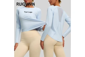 RUIQUWIN Women's Fashion Loose Fit Back Mesh Sports Long Sleeve T-shirt Quick Dry Gym Yoga Top Running Breathable Fitness Wear