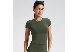 Women Seamless Style Sports Tee Round Neck Short Sleeve Breathable Slim Fit Yoga Fitness Training Top