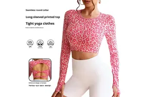 Women's Seamless Breathable Leopard Print Long Sleeve Slim Fit Yoga Top Twist Hollow Out Beautiful Back Fitness Sports Top
