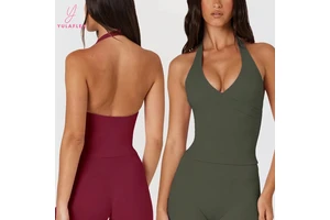 Deep V Cross Halter Yoga Tank with Removable Pads High Stretch Nylon Fitness Running Workout Top