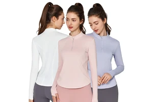 DWJS124031 Women Stand Collar Half Zipper with Thumb Holes Slim Fit Quick Dry Breathable Tummy Control Yoga Workout Top