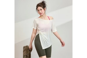 Women's Plus-size Solid Color Running Top Short Sleeve Pull on Loose Breathable Yoga Fitness Set Summer