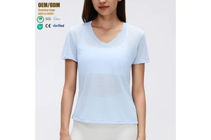 Yoga Wear Women's V-Neck Casual Loose Fit Solid Short-Sleeve T-Shirt Lightweight Quick-Dry Fitness Top