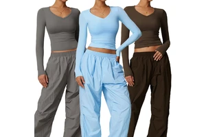 DCX8694-2 Women Sexy V Neck Long Sleeves Fitness Crop Top Yoga Tops Comfortable Outdoor Activewear