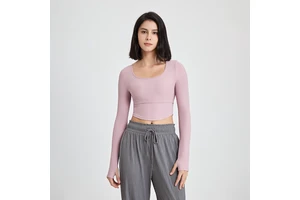 Solid Color Ribbed Nude Yoga Clothes Long Sleeves With Chest Pads Fitness Tops T-shirts Training Long Sleeves