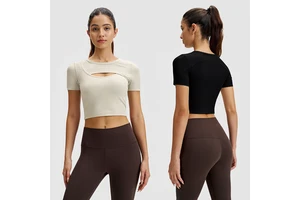 Women's Fashion Hollow Out Sports Short Sleeve Breathable Running Fitness T-shirt Elastic Slim Fit Yoga Wear Crew Neck Top