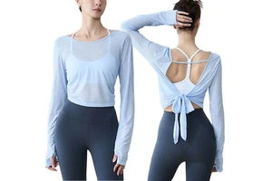 Custom Breathable Women's Yoga Jacket Four-Way Stretch V-neck Front Logo High Quality Soft Long Sleeve Gym Fitness Top