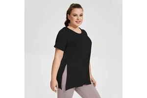 Women's European American Plus Size Long Yoga Top Quick Dry Sports T-Shirt Lightweight Four Way Stretch Breathable UV Front