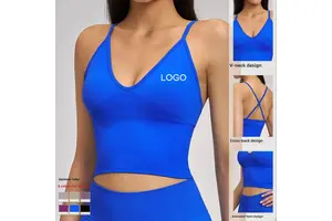 Women Yoga Top Deep V Neck Cross Back Workout Tank Top Seamless Ribbed Sleeveless Fitness Vest Quick Dry Elastic Women Gym Top