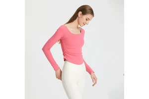 Side Pleated Slim Lift Long Sleeves Sports Gym T-Shirt Active Stretch Workout Fitness Dance Clothes Pilates Yoga Tops Women
