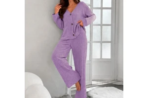 Chunky Cable Knit Women's Loungewear Set Solid Two Piece Pj Set Autumn Warm Breathable Long Sleeve V-Neck Plus Size Sleepwear