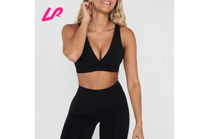 Women's Deep V Neck Sports Top Bra Custom Logo Double Layered Four Way Stretch Fabric Breathable Fitness Gym Yoga Wear Sexy Plus