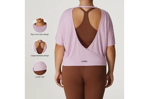 P02513 Plus Size Xl-4xl Hollow Back Crew Neck Hot Selling Oversized Sports Smock Women's Summer Short Sleeve Loose Top Yoga Wear