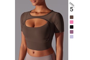 Classic Stitching Mesh Breathable Fit Wrinkle Resistant Sexy Double Layer Short Sleeved Sling Bra Yoga Top