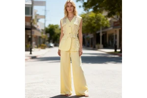 Women Summer Outfit Lace Trim Sleeveless Vest And Pants Set Women V-Neck Button Front Waist Belt Wide Leg Trousers Two 2 Piece